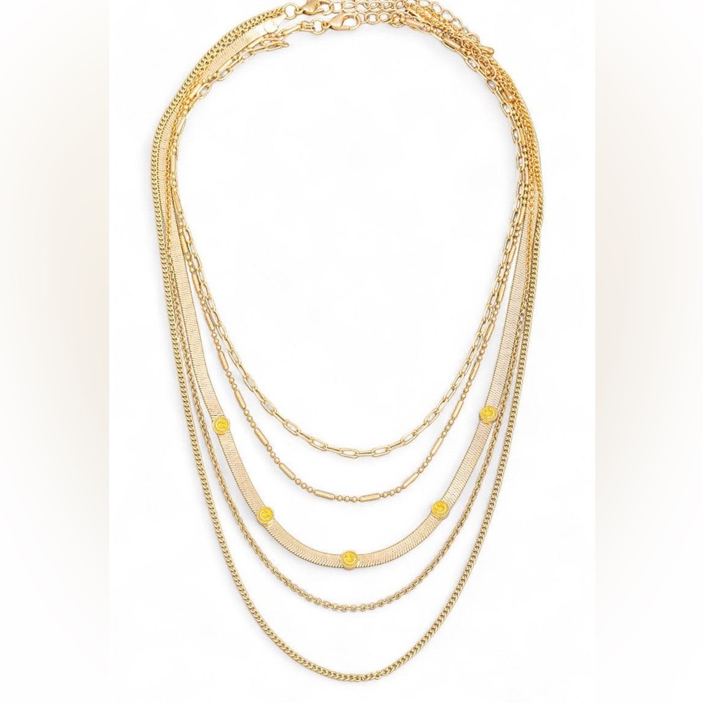Multi Chain Layered Smiley Pendant Necklace